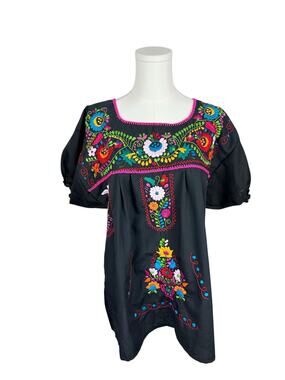 Vintage Black Cotton Multicolored Floral Embroidered Oaxaca Short Sleeve Top L